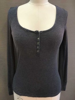 Womens, Top, Cotton On, Charcoal Gray, Polyester, Viscose, Heathered, Large, Long Sleeves, Ribbed, Scoop Neck, Henley, Pilling with Holes and Distressing Around The Neck