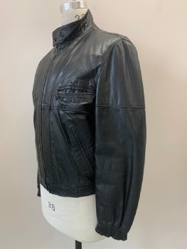 Mens, Leather Jacket, THE LEATHER SHOP, Black, Leather, Synthetic, Solid, S, Zip Front, Collar Band with Snap Buttons, 3 Welt Pockets