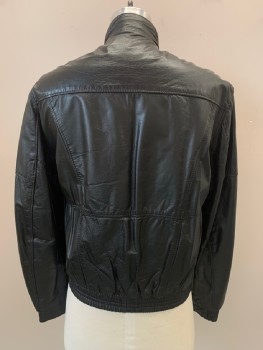 Mens, Leather Jacket, THE LEATHER SHOP, Black, Leather, Synthetic, Solid, S, Zip Front, Collar Band with Snap Buttons, 3 Welt Pockets