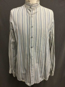 Mens, Historical Fiction Shirt, White, Blue, Cotton, Stripes, 37, 16.5, White with Blue Stripes, Button Front, Collar Band, Long Sleeves, Old West