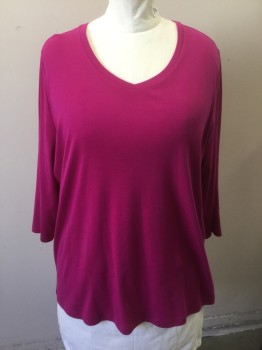 ST. JOHN'S BAY, Fuchsia Pink, Cotton, Solid, Scoop V Neck, 3/4 Long Sleeves,