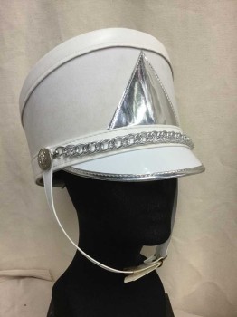 Unisex, Marching Band, Hat, FRUHAUF UNIFORMS, White, Silver, Faux Leather, Plastic, Solid, 7 1/2, White Hat with Silver Triangle/Buttons/Chain, Chin Strap, Multiples