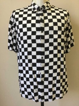 URBAN OUTFITTERS, Black, White, Rayon, Check , Black & White Check, Button Front, Collar Attached, 1 Pocket, Short Sleeve,