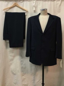 Mens, Suit, Jacket, JONES NY, Navy Blue, Wool, Solid, 48 L, Navy, Notched Lapel, 3 Buttons,