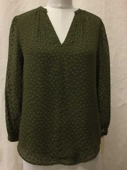 JCREW, Olive Green, Silk, Viscose, Geometric, Rectangles With String Edges, V Neck, Long Sleeves,