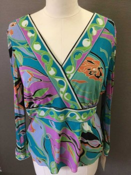 ECI , Turquoise Blue, Green, Orange, Lilac Purple, Black, Polyester, Floral, Knit, V-neck, Long Sleeves,