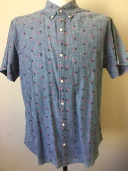 BONOBOS, Slate Blue, Pink, Green, Cotton, Novelty Pattern, Chambray with Pink and Green Pineapples Novelty Pattern, Short Sleeve Button Front, Collar Attached, Button Down Collar