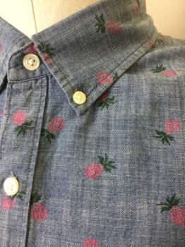 BONOBOS, Slate Blue, Pink, Green, Cotton, Novelty Pattern, Chambray with Pink and Green Pineapples Novelty Pattern, Short Sleeve Button Front, Collar Attached, Button Down Collar
