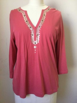 Womens, Top, TALBOTS, Coral Pink, Silver, Cotton, Sequins, Solid, XL, V-neck, 3/4 Sleeves, Indian Inspired Trim at Neckline