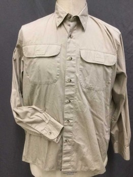 WRANGLER, Khaki Brown, Cotton, Solid, Collar Attached, Button Front, Long Sleeves, 2 Pockets with Velcro flap