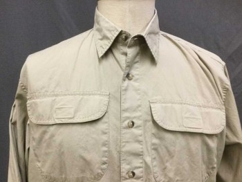 WRANGLER, Khaki Brown, Cotton, Solid, Collar Attached, Button Front, Long Sleeves, 2 Pockets with Velcro flap