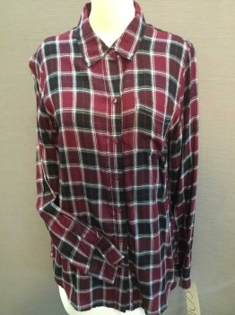 Womens, Blouse, LUCKY BRAND, Black, Wine Red, Red Burgundy, White, Cotton, Plaid, S, Black, White, Wine and Burgundy Plaid, Collar Attached, Button Front, 1 Pocket, Long Sleeves,