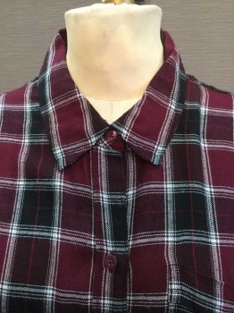 Womens, Blouse, LUCKY BRAND, Black, Wine Red, Red Burgundy, White, Cotton, Plaid, S, Black, White, Wine and Burgundy Plaid, Collar Attached, Button Front, 1 Pocket, Long Sleeves,