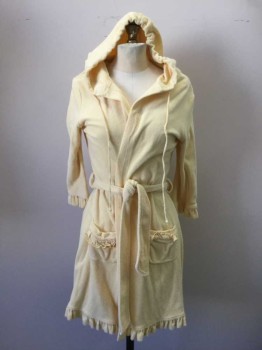 ANGELS, Butter Yellow, Cotton, Polyester, Solid, Terry Cloth Short Robe, 3/4 Sleeves, Drawstring Hood, Ruffle Cuff, Ruffle Hem, 2 Pockets with Ruffles, with Self Belt, Back Applique in White: "ANGEL"