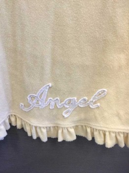 Womens, SPA Robe, ANGELS, Butter Yellow, Cotton, Polyester, Solid, M, Terry Cloth Short Robe, 3/4 Sleeves, Drawstring Hood, Ruffle Cuff, Ruffle Hem, 2 Pockets with Ruffles, with Self Belt, Back Applique in White: "ANGEL"