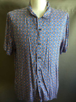 TOPMAN, Blue, Navy Blue, Tan Brown, Red, Viscose, Geometric, Short Sleeves, Button Front, Collar Attached, Print is Plus Signs and Polygons