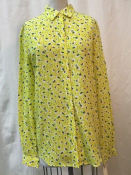 STOCKHOLM ATELIER, Yellow, White, Red, Green, Black, Silk, Novelty Pattern, Yellow, White/ Red/ Green/ Black Novelty Print, Button Front, Collar Attached, Long Sleeves,