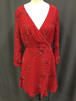 Womens, Dress, Long & 3/4 Sleeve, MADEWELL, Red, Black, White, Polyester, Floral, 4, Surplice, Long Sleeves with Button Cuffs, Faux Wrap Skirt, Back Zipper,