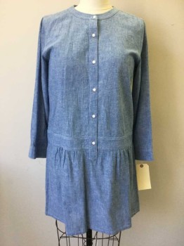 Womens, Dress, Long & 3/4 Sleeve, SOFT JOIE, Blue, Cotton, Solid, L, Round Neck,  Button Front, Pullover, Long Sleeves with Button Cuffs, Drop Waist, Sparsely Gathered Skirt, Above Knee
