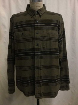 Mens, Casual Shirt, RRL, Olive Green, Black, Gray, Cotton, Stripes, XL, Green with Black & Gray Stripes, Button Front, 2 Pockets,
