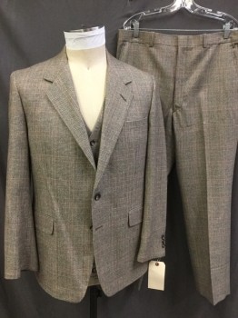 Mens, Suit, Jacket, BANCROFT, Espresso Brown, Cream, Brown, Rust Orange, Wool, Plaid, 44R, Single Breasted, Notched Lapel, 2 Buttons,  3 Pockets, Single Back Vent