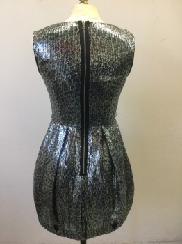 Womens, Cocktail Dress, ALI RO, Silver, Black, Polyester, Sequins, Solid, 2, Black Solid Base Layer Covered in Silver Sequins, Sleeveless, V-neck, Bubble Hem Skirt, Hem Above Knee