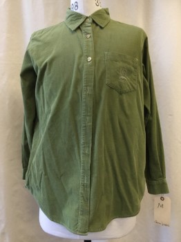 GLORIA VANDERBILT, Green, Cotton, Solid, Corduroy, Button Front, Collar Attached, Long Sleeves, 1 Pocket Western, Green Embroidery Detail