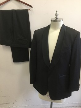 Mens, Suit, Jacket, DOMINIC, Black, Wool, Solid, 38/32, 44 R, Satin Shawl Lapel, Slit Pockets, One Button Front