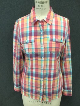 TOMMY HILFIGER, Pink, Mint Green, Peach Orange, Navy Blue, Cotton, Plaid, Button Front, Collar Attached, Long Sleeves, 2 Flap Pockets, Buttons for Sleeve Roll Up