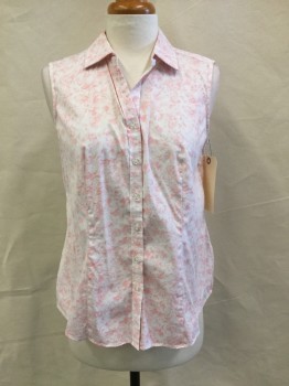 Womens, Top, CHARTER CLUB, Pink, Lt Pink, White, Cotton, Nylon, Floral, 4, Button Front, Collar Attached, Sleeveless, Double,