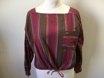 Womens, Top, SASSON, Maroon Red, Purple, Brown, Turmeric Yellow, Cotton, Stripes, B 38, 1980's Square Neck, Long Sleeves with Cuffs, Drawstring Waistband, 1 Pocket