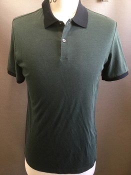 THEORY, Forest Green, Black, Cotton, Solid, Black Collar, Short Sleeves with Black Band, 2 Button Neck