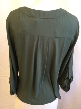 LUSH, Olive Green, Polyester, Solid, Deep V-neck, 3/4 Sleeves with Short Belt, Uneven Hem