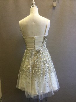 Womens, Cocktail Dress, ALICE & OLIVIA, Cream, Silver, Gold, Silk, Synthetic, B 26, 2, W 22, Silver & Gold Beads and Sequins Encrusted Bodice and Skirt Upper with Faint Scatter at Hemline. Rat Tail Adjustable Shoulder Straps. Elasticated Center Back Panel with Gold Zipper Center Back,