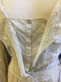 MTO, Ivory White, Cotton, Dots, Floral, Antiqued, Crochet Lace with Eyelet, Delicate Lace Insets, Scoop Drawstring Neck with Satin Off White Ribbon, Button Front Crochet Lace with Cotton Eyelet Cami Underneath, 3/4 Bell Sleeve with Embossed Dots and Lace Trim/insets, Long Skirt with Lace Insets,