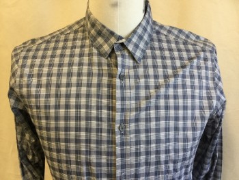 THEORY, Lt Gray, Navy Blue, Heather Gray, Cotton, Plaid, Collar Attached, Button Front, Long Sleeves,