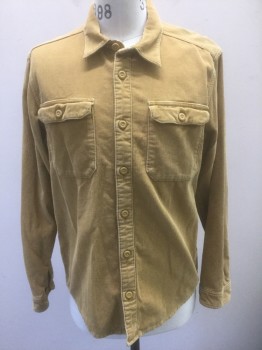 PATAGONIA, Tan Brown, Cotton, Solid, Corduroy, Long Sleeve Button Front, Collar Attached, 2 Patch Pockets with Button Flap Closures