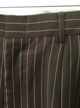 Brown, White, Polyester, Rayon, Stripes - Pin, Brown with White Pinstripes, Double Pleated, Zip Fly, 4 Pockets, Relaxed Leg, **Has a Double