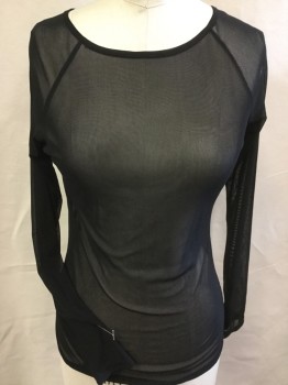 Womens, Top, ZANZEA, Black, Polyester, Solid, S, Black Sheer,  Round Neck,  Long Sleeves,