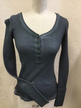 Womens, Top, 1892 COLLECTION, Slate Blue, Cotton, Solid, XS, (DOUBLE) (aged/distress) Slate Blue Waffle, Round Neck,  5 Button Front, Side Bottom Split, Long Sleeves,