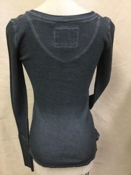 Womens, Top, 1892 COLLECTION, Slate Blue, Cotton, Solid, XS, (DOUBLE) (aged/distress) Slate Blue Waffle, Round Neck,  5 Button Front, Side Bottom Split, Long Sleeves,