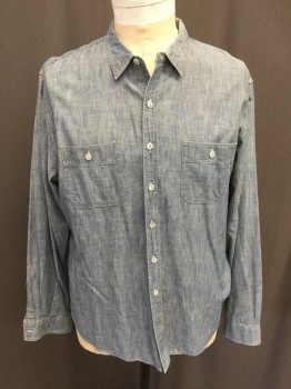 J. CREW, Blue, Cotton, Solid, Chambray, Button Front, Collar Attached, Long Sleeves, 2 Pockets