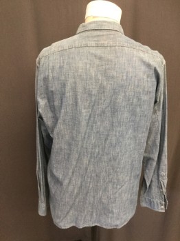 J. CREW, Blue, Cotton, Solid, Chambray, Button Front, Collar Attached, Long Sleeves, 2 Pockets