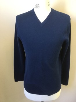Mens, Pullover Sweater, THEORY, Dk Blue, Wool, Polyamide, Solid, M, V-neck, Long Sleeves, Ribbed Knit Neck, Raw Hem