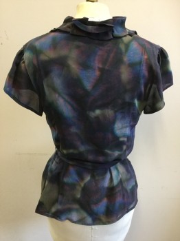 CLASSIQUES ENTIER, Purple, Green, Blue, Silk, Abstract , Pullover, V-neck, Short Sleeves, Looped Square Detail at Neck, Side Zip, Self Belt