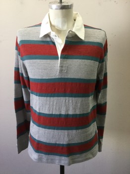 PATAGONIA, Lt Gray, Red, Teal Blue, Cotton, Stripes, Rugby Shirt, Jersey, Long Sleeves, Hidden Placket, Woven White Collar Attached