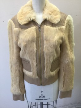 Womens, Casual Jacket, MARC JACOBS, Beige, Tan Brown, Leather, Fur, Solid, S, Beige Lambskin with Tan Rabbit Fur, Zip Front, Furry Collar Attached, 2 Small Welt Pockets at Front, Lambskin Leather Panels at Shoulders/Back, Cuffs, Waist, 2 Pockets, and Zipper Area, High End Luxury Item
