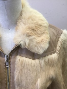 Womens, Casual Jacket, MARC JACOBS, Beige, Tan Brown, Leather, Fur, Solid, S, Beige Lambskin with Tan Rabbit Fur, Zip Front, Furry Collar Attached, 2 Small Welt Pockets at Front, Lambskin Leather Panels at Shoulders/Back, Cuffs, Waist, 2 Pockets, and Zipper Area, High End Luxury Item