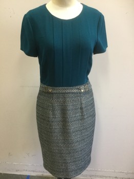 Womens, Dress, Short Sleeve, BOSS, Teal Green, White, Gold, Black, Polyester, Wool, Solid, Color Blocking, W30, B36, H36, 3 Pleat Center Front, Center Back Invisible Zipper, Gold Hardware on Faux Belt,