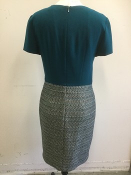 Womens, Dress, Short Sleeve, BOSS, Teal Green, White, Gold, Black, Polyester, Wool, Solid, Color Blocking, W30, B36, H36, 3 Pleat Center Front, Center Back Invisible Zipper, Gold Hardware on Faux Belt,